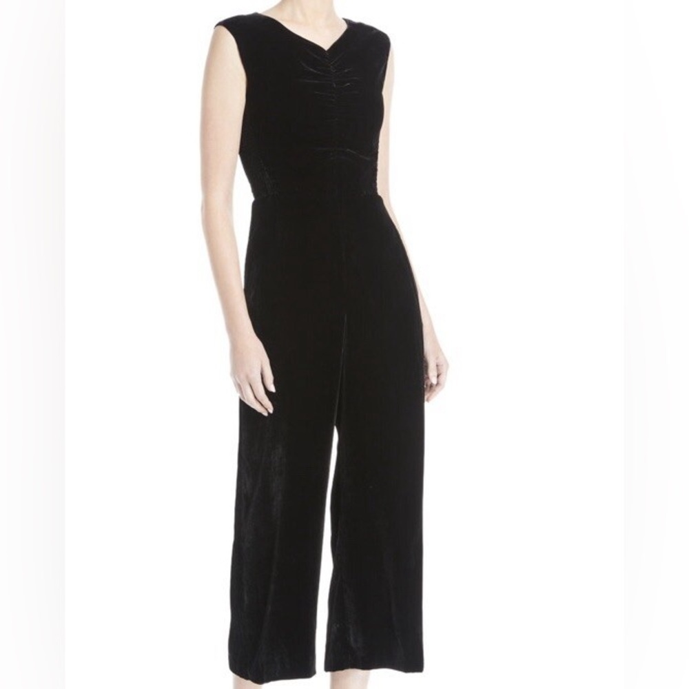 Rebecca Taylor Ruched Black Velvet Jumpsuit Size 4 silk blend wide leg cropped